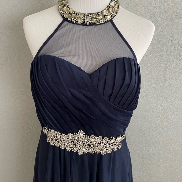 My Michelle Formal Long Navy Halter Dress Jewel Accents Size 9 - Picture 2 of 11